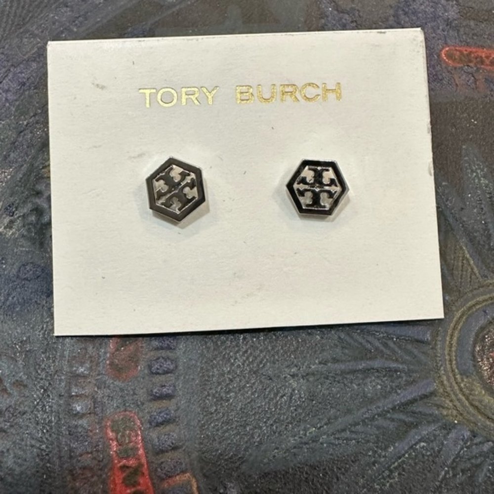 Tory Burch signature hexagon logo stud earrings new on card